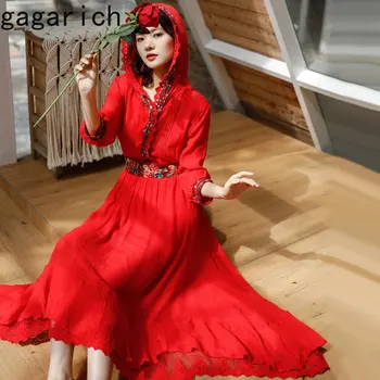 Гагарич жени мода реколта морски плаж червена рокля люлка дълго качулка етнически стил бродирани дълго случайни vestidos роба