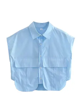 Дамска мода плътен цвят голям джоб пачуърк случайни блуза женски без ръкави къса реколта риза нередовни блузи върховете LS5555