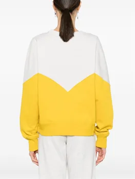 Дамски жълт суитчър писмо печат цвят пачуърк памук 2024 ранна пролет дълъг ръкав O-образно деколте женски хавлиен пуловер
