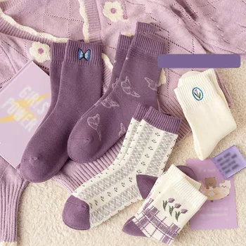 Дамски лилави серии дебели чорапи от средна тръба есен и зима плюс кадифе дебела топла памучна кърпа Спални чорапи за жени