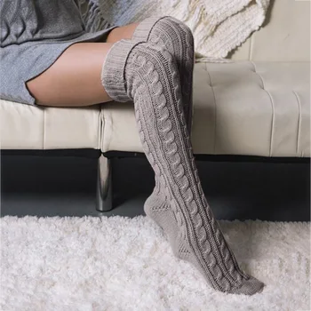 Дамски чорапи вълна крак нагреватели мода дама чорапи сладък есен зима плътен цвят бедро-високи чорапи акрилни влакна