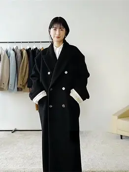 Дамско двуредно дълго вълнено палто 2023 зима дебела топла мода ревера вълнено палто жени