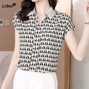 Дамско облекло Корейска яка печатна риза 2023 Лятна елегантна мода Женска блуза с къс ръкав