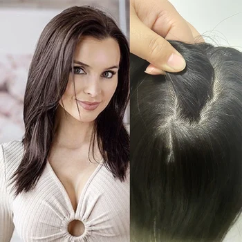 Дишаща перука естествена черна копринена основа Топер за човешка коса с 4 клипа в малайзийската девствена коса 5