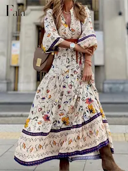 Есен Boho отпечатани хлабав Макси рокля жени мода v-образно деколте половин ръкав A-линия рокли 2023 женски реколта улично облекло дълго vestido