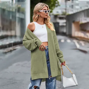 Есен/Зима 2023 Нов плътен цвят хлабав трикотаж дамски джоб яке пуловер жена