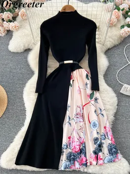 Есен Зима Елегантни рокли за жени Шик трикотажни фалшиви две части комплект Vestido Feminino печат пачуърк пуловер рокля халати