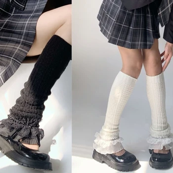 Жени момичета японски стил дантела подгъва трикотажни крака нагреватели коляното високо обувка чорапи