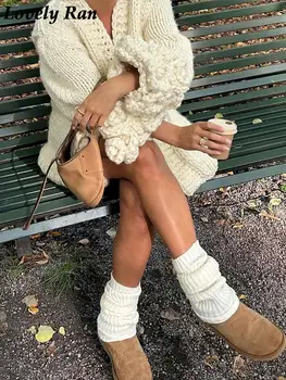 Жени Твърда куха коршета плетена жилетка хлабав случайни фенер ръкав пуловер палто женски 2023 есен зима улично облекло яке