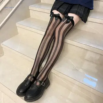 Жените отвесни копринени вертикални ивици над коляното дълги чорапи със сладък Bowknot японски клинове бедрото високи чорапи
