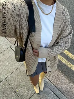 Женски моден печат V деколте бутони жилетка случайни еднореден пуловер с дълъг ръкав 2023 есен жени висока улица трикотаж