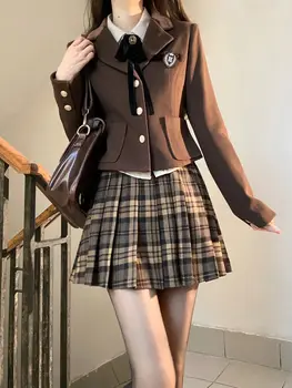 Зимен японски колежански стил jk Униформа Блейзър с дълъг ръкав + Карирана плисирана пола с половин тяло + Комплект долна риза 2024