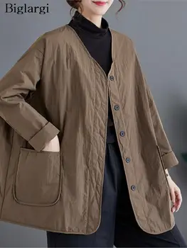 Извънгабаритни есенни зимни якета с V-образно деколте Палта Дамски якета Ежедневни свободни модни дамски якета Дълъг ръкав Дамски памучни палта 2023