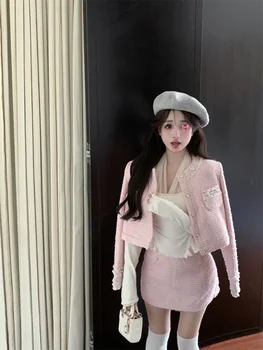 Изящно момиче розово тежка индустрия дантела кратко ароматно палто дамски есен/зима + половин пола комплект/костюми
