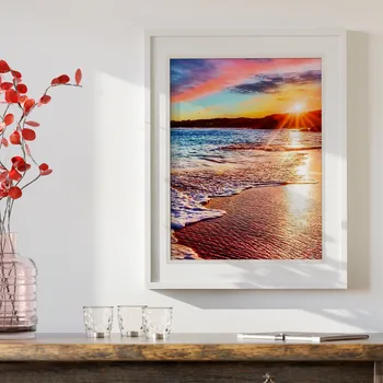 Картина с диамантена точка Плажен диамант по номер Сладък 5D пълен висящ пейзаж Ръчно изработени от диамант DIY Living Sea Sunset Картини