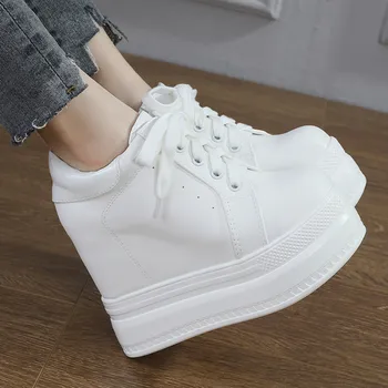 клинове глезена ботуши бял каучук еднолични обувки платформа ботуши жени шнур есента платформа токчета обувки ток 14 см