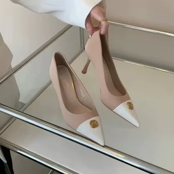 Корейска мода дамски обувки тънък ток велур заострени кристал метал B бутон секси тънък висок ток единична обувка момиче