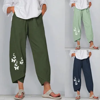 Летни панталони Панталони Жена Palazzo Summer Printed Cropped Cotton Linen Удобни торбести панталони с джобове Женски Sweatpants