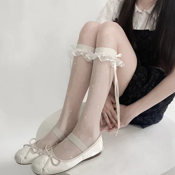 Лолита Ултра-тънки чорапи жени сладко сърце високо коляното чорапи женски JK прозрачни дълги чорапи рокля Calcetine медии
