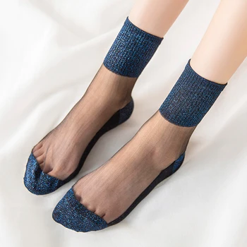 лято нова мода женски ултратънки прозрачни кристални чорапи доста блясък дантела лъскав еластичен стъкло коприна къси чорапи Meias