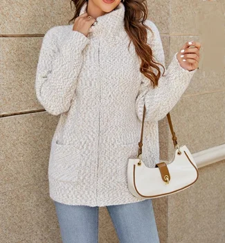 Моден контраст облицовани есенна зимна жилетка пуловер за жени цип джоб дизайн завой надолу яка случайни дълъг ръкав палто