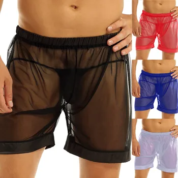 Мъжки секси бельо боксерки мрежести дишащи долни гащи мъжки мрежести шорти виждат чрез с големи сплит окото панталони бельо