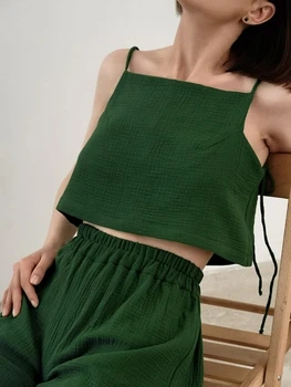 Нова лятна памучна пижама камизола изрязани зелени шорти Комплект от две части от свободни дамски шезлонги 2 части комплекти дамски екипировки