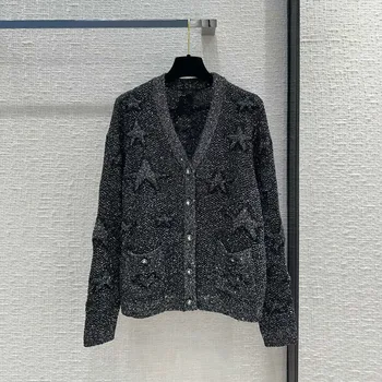 Нова пролет мода пайети бродерия петолъчна звезда жакард черно реколта жилетки жени v-образно деколте един гърди пуловер