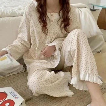 пижама ръкав жени 2023 корейски панталони парчета Piiama комплекти спално облекло дълъг костюм 2 за печат дантела нова есенна флорална мода