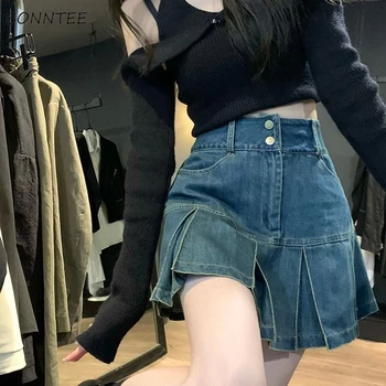Поли жени деним лятна мода секси плисирани мини висока талия улично облекло ретро реколта тънък къдри тийнейджъри корейски preppy стил
