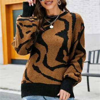 Секси Y2K пуловер зебра модел пуловер удобен потници балон ръкав топ тенденция дизайн контраст цвят пуловери жени облекло джъмпер