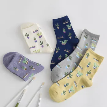 Сладък растителен кактус печат чорапи за жени момиче памук къси чорапи есен пролет случайни топли средата тръба чорапи