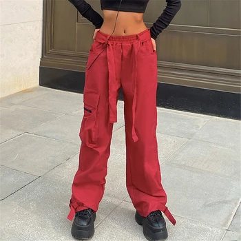 Улично облекло Карго панталони Жени Хип-хоп Червени панталони Панделка Прави панталони Хипстърски женски панталони