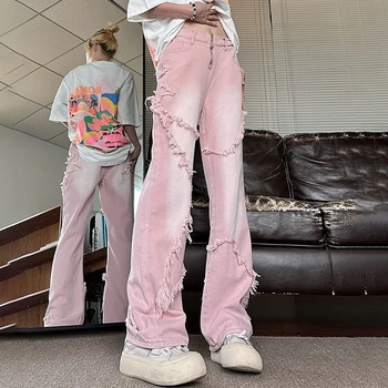 Улично облекло Широк крак розови дънки жени 2023 есен хип-хоп висока талия дънкови панталони жена дизайнер пискюли загуба прави панталони
