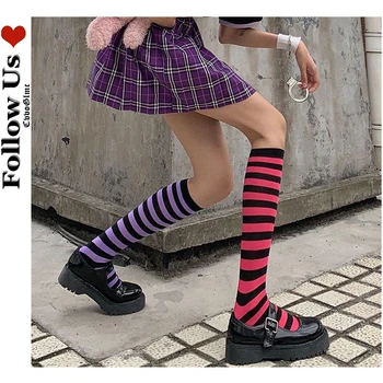 Японски раирани чорапи коляното женски готически аниме дишаща дъно коляното високи чорапи Лолита Kawaii тяло оформяне чорапи жена