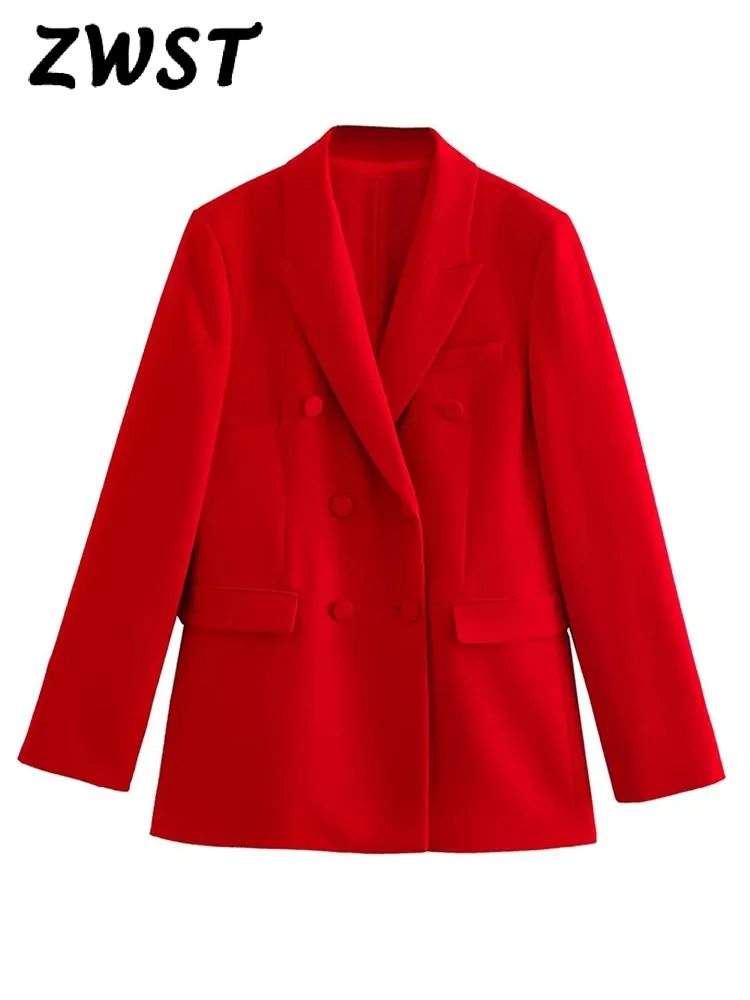 Solid Turndown яка жени палто двуреден джоб женско яке 2024 пролет мода офис дълъг ръкав хлабав дама палто