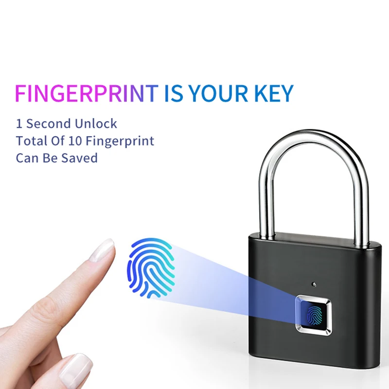Безключов USB заключване на вратата за зареждане Мини интелигентен пръстов отпечатък Padlogk Бързо отключване на цинкова сплав Метален самоизобразяващ се чип 10 пръстови отпечатъци