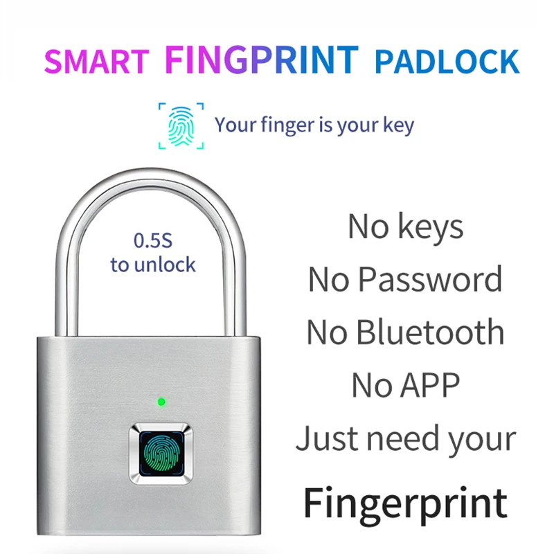 Безключов USB заключване на вратата за зареждане Мини интелигентен пръстов отпечатък Padlogk Бързо отключване на цинкова сплав Метален самоизобразяващ се чип 10 пръстови отпечатъци