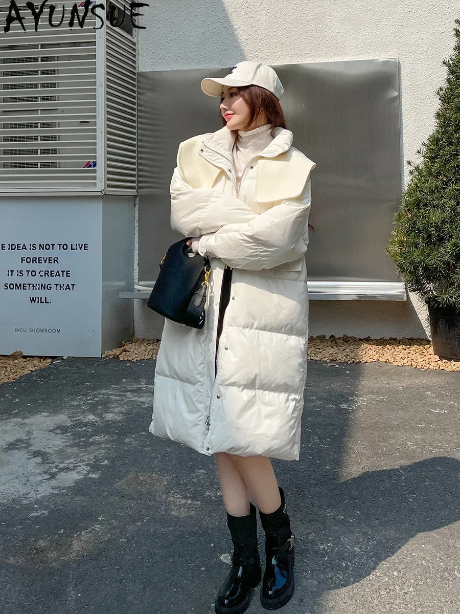 Бяла патица надолу якета Дамски 2023 Нова средна дължина Мода от висок клас Корейски палта Женски хлабав удебелен буфер яке жени