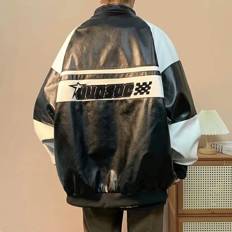 Хип-хоп американски PU кожено яке мъже пачуърк писмо бродерия мотоциклет байкер палта унисекс бомбардировач флокиране дрехи