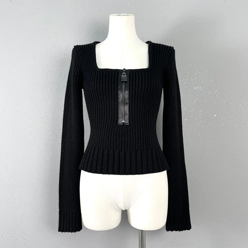 y2k пролет и есен древен квадратен врат половин цип плетена вълна пуловер2023 модерен универсален тънък дамски пуловер