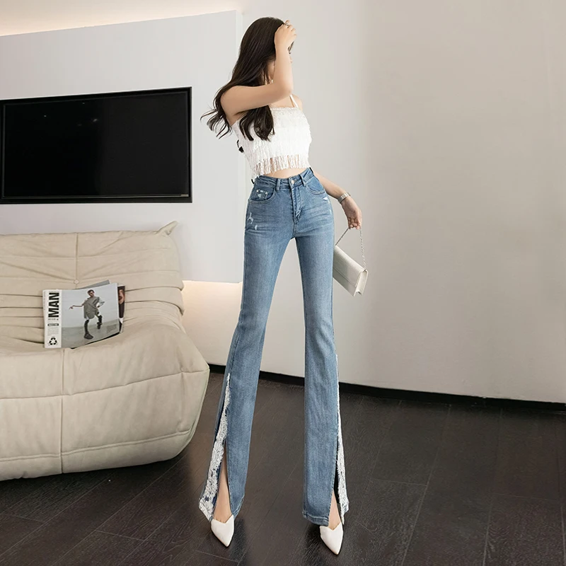 Дантела пачуърк разкроени дънки жена участък кльощава сплит изтръгнат дънкови панталони Ladie Slim Mujer мода обувка нарязани панталони 2023