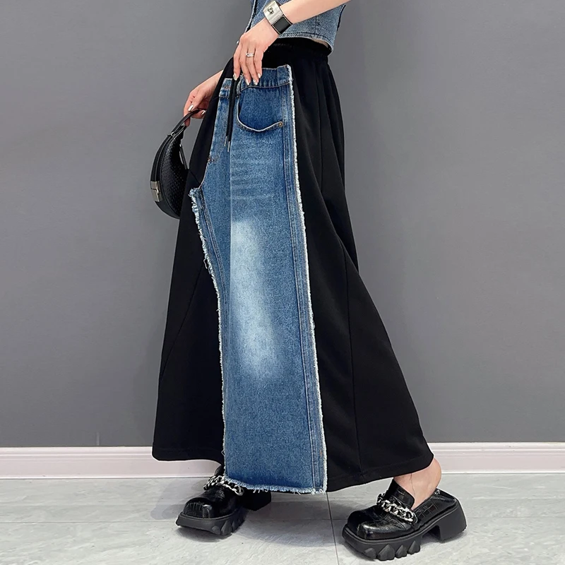 A-Line деним пачуърк корейски стил уникален улично облекло жена дълга черна пола ластик памук хлабав годни Жан пола JJSK039