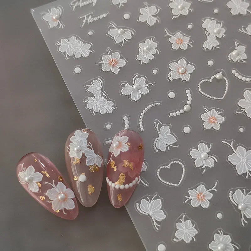 5D стикери за нокти релефни елегантни бели акрилни цветя плъзгачи за нокти флорални венчелистчета декор пеперуда цвят ваденки