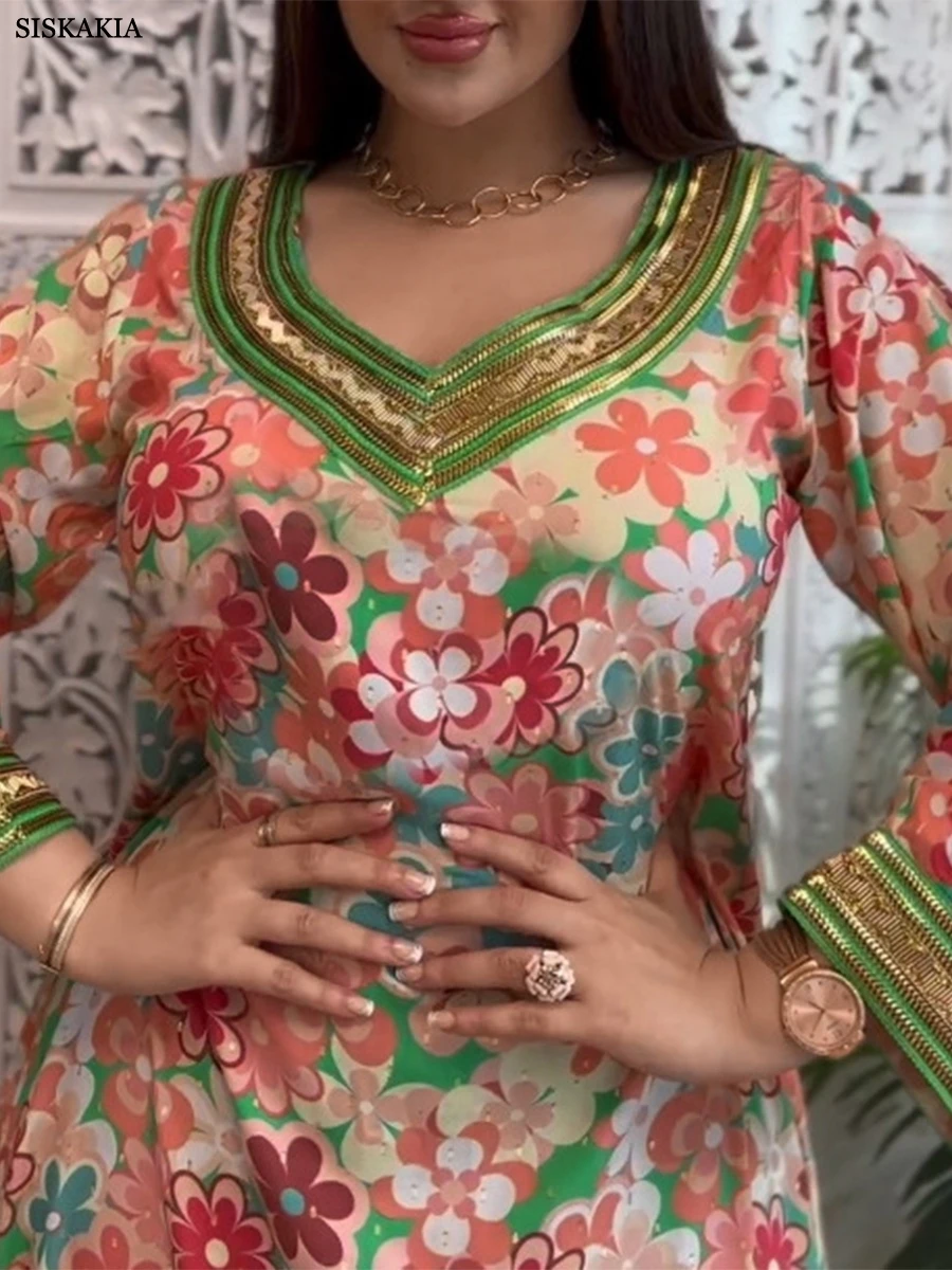 Siskakia Скромна мюсюлманска мода Jalabiya шик златна лента контраст цвят подстригване скъпа врата Дубай марокански флорални Abaya рокля Eid