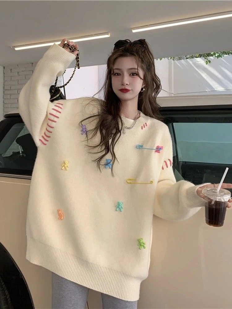 Сладък мечок жени случаен пуловер сладък Япония плетени пуловери хлабав дълъг ръкав O врата женски есен мода елегантен джъмпер