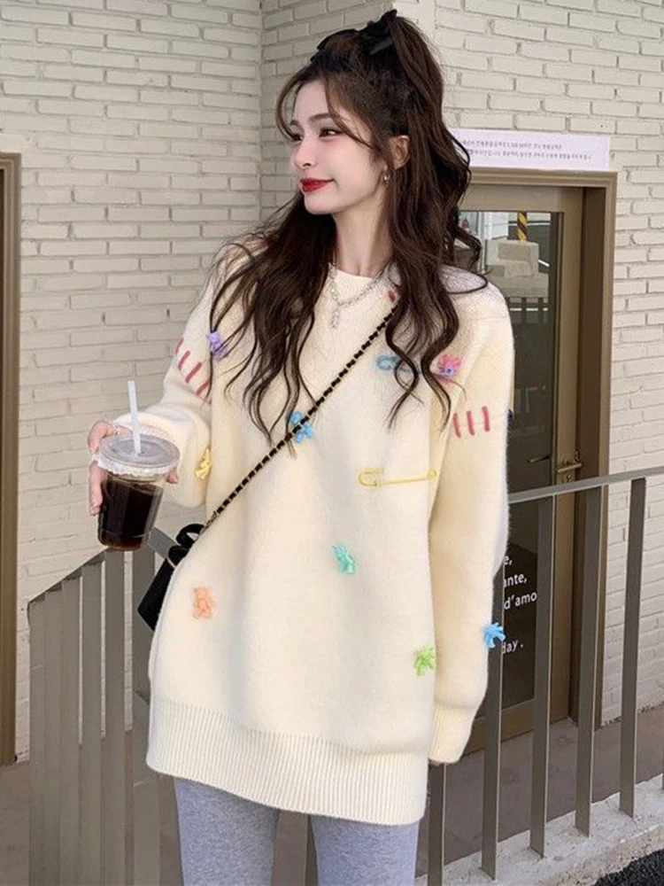 Сладък мечок жени случаен пуловер сладък Япония плетени пуловери хлабав дълъг ръкав O врата женски есен мода елегантен джъмпер