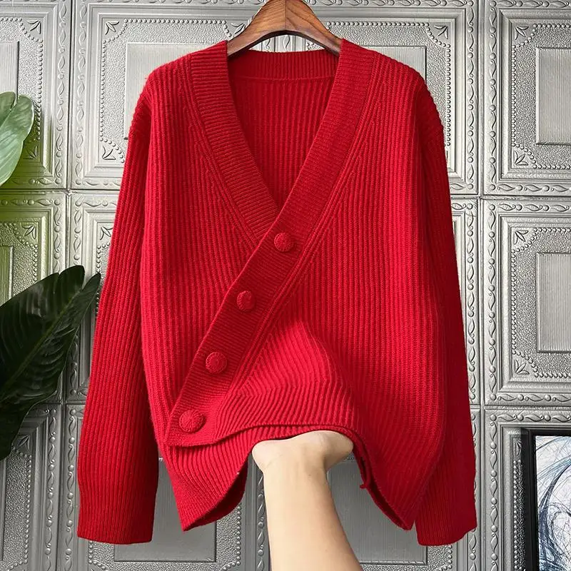 TEROKINIZO Япония стил прости жилетки жени v-образно деколте дълъг ръкав единични гърди пуловери женски плътен цвят плетени джъмпери
